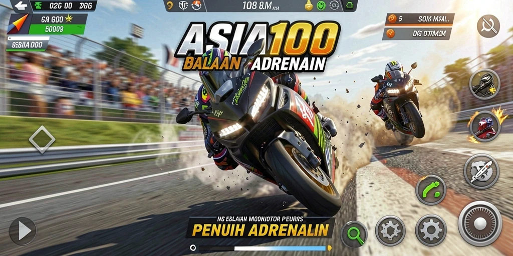 Tampilan gameplay <strong>ASIA100</strong> yang mendebarkan dan penuh aksi balapan motor.