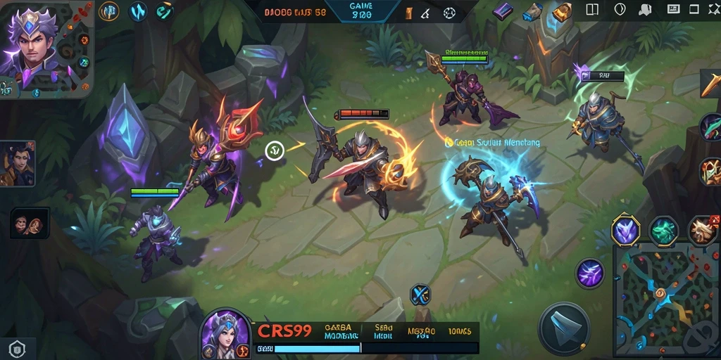 Tangkapan layar gameplay CRS99 yang penuh aksi dalam pertarungan MOBA.