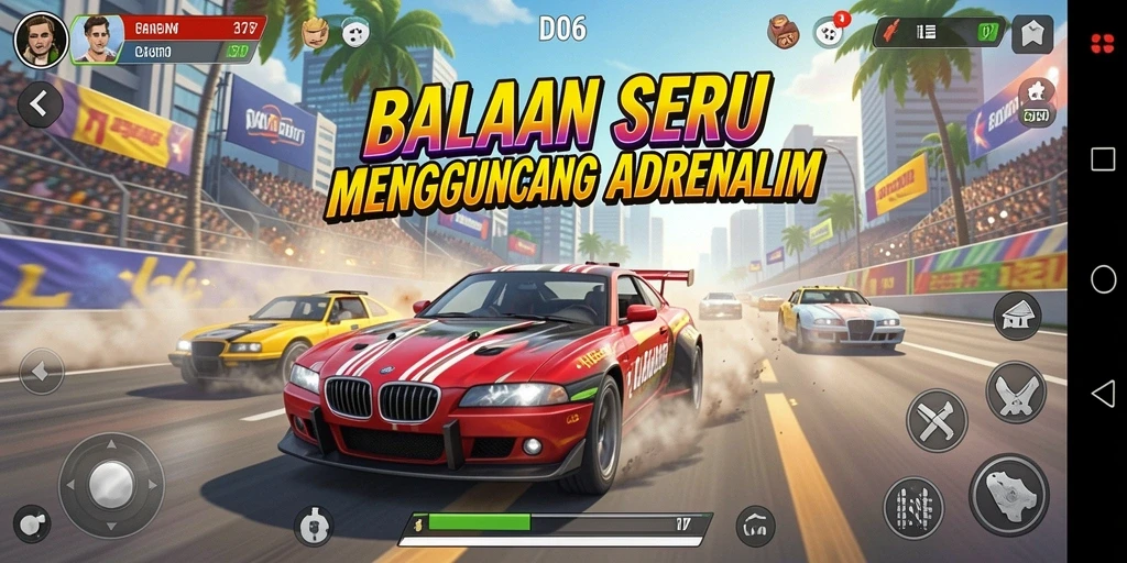 Tampilan balapan mendebarkan dengan berbagai trek dan mobil.
