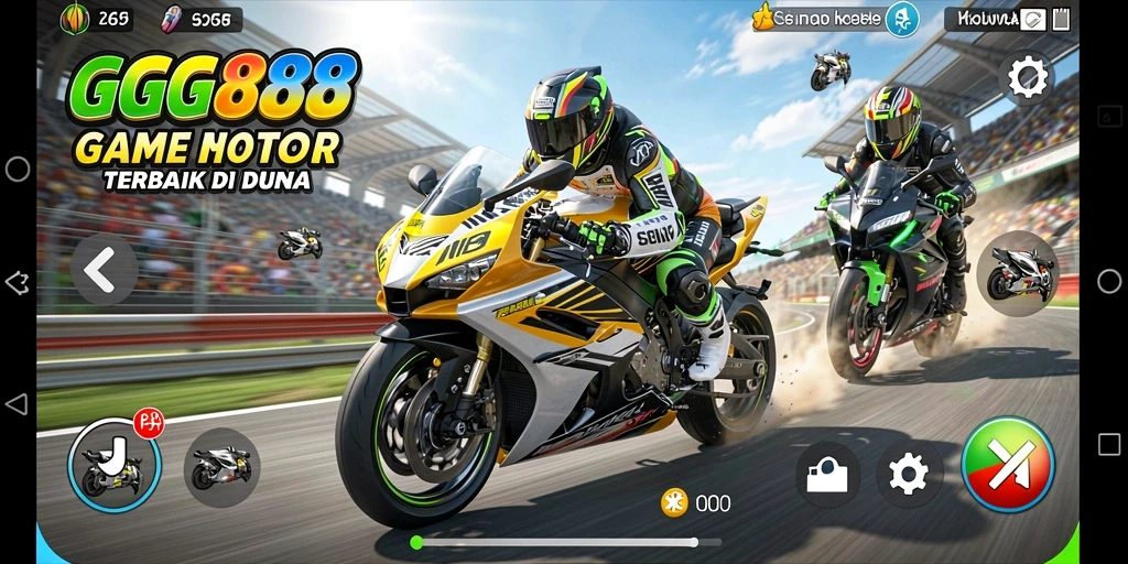 Screenshot utama GGG888 menampilkan aksi balap motor yang mendebarkan.