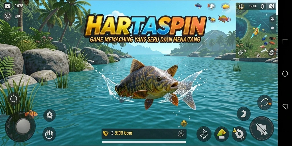 Gameplay HARTASPIN dengan berbagai lokasi memancing yang indah.