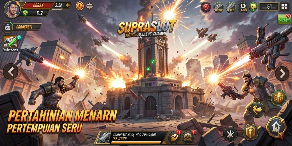 Gambaran gameplay SUPRASLOT dalam pertempuran menara.