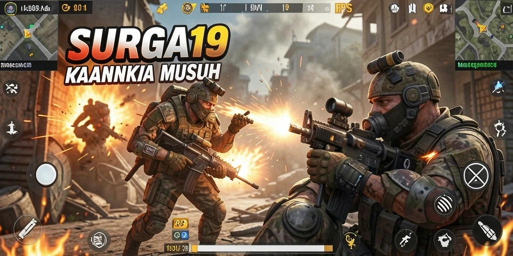 Gameplay mendebarkan dari SURGA19 saat pemain bertempur di medan perang.