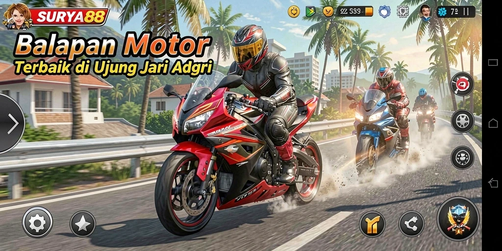 Screenshot gameplay SURYA88 menampilkan aksi balapan motor yang mendebarkan.